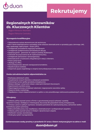 Wymagania kwalifikacyjne dla Regionalnych Kierowników ds. Kluczowych Klientów w firmie DUON Dystrybucja