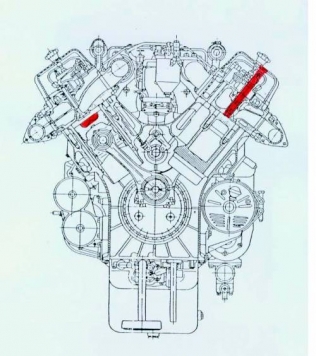 Przekrój silnika JAMZ-240 z zaznaczonymi węzłami podlegającymi modyfikacjom (komora spalania i otwór wtryskiwacza dostosowany do wkręcenia świecy zapłonowej)