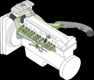 FM MethaneDiesel - silnik wysokoprężny z widocznymi wtryskiwaczami gazu (na zielono)