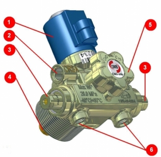 Zawór zespolony zbiornika CNG, wyposażony w dwa zawory ogniowe: 1- cewka elektrozaworu roboczego, 2- króciec wyjściowy gazu ze zbiornika, 3- zawory ogniowe, 4- zawór nadmiernego wypływu, 5- pokrętło ręcznie sterowanego zaworu roboczego, 6- króćce, którymi uchodzi gaz po zadziałaniu zaworów ogniowych (możliwe jest podłączenie do nich przewodów i skierowanie uchodzącego ze zbiornika gazu w inne miejsce)