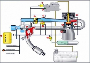 System DG-Flex: 1-sterownik elektroniczny, 2-turbosprężarka, 3-przepustnica powietrza, 4-czujnik ciśnienia i temperatury powietrza, 5-czujnik zapotrzebowania, 6-dozator oleju napędowego ograniczający jego dawkę, 7-czujnik ciśnienia i temperatury gazu, 8-wtryskiwacz gazu, 9-czujnik spalania stukowego, 10-czujnik fazy silnika, 11-czujnik temperatury cieczy chłodzącej, 12-czujnik prędkości obrotowej, 13-regulator ciśnienia gazu ziemnego